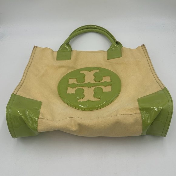 TORY BURCH Beige Canvas and Sage Green Patent Leather Ella Tote Bag
